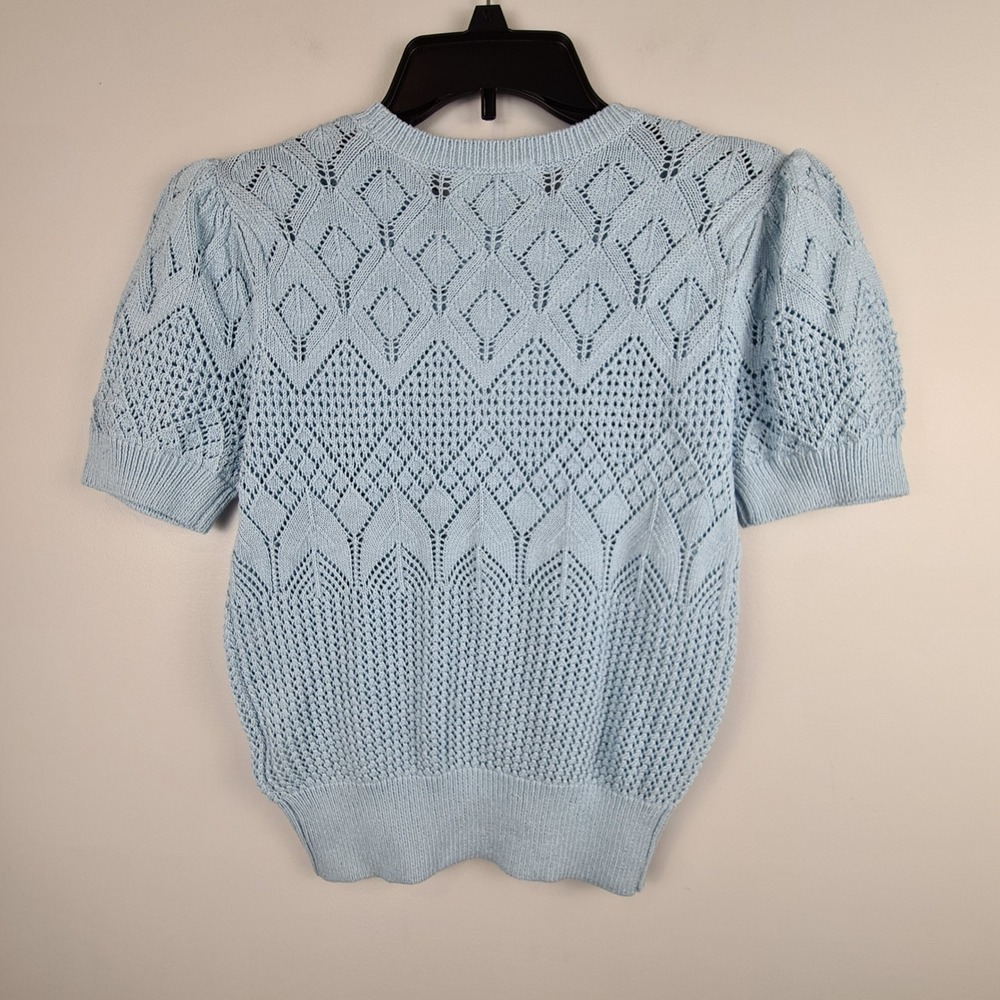 7 For All Mankind Womens Light Blue Pointelle Knit Puff Sleeve Sweater‎ Small - Picture 8 of 8